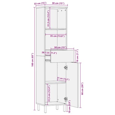 vidaXL Ντουλάπι Μπάνιου Μαύρο 38x33x160cm από Μασίφ Ξύλο Μάνγκο