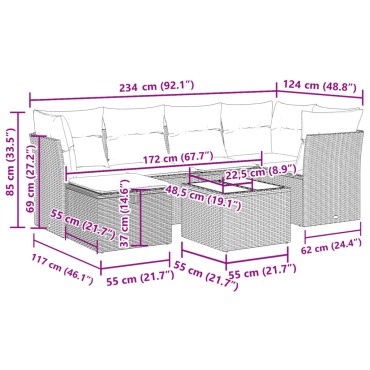 vidaXL Καναπές Σετ 7 τεμ. Μαύρο Συνθετικό Ρατάν με Μαξιλάρια 55x55cm