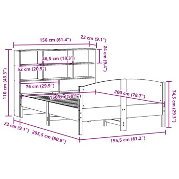 vidaXL Κρεβάτι Βιβλιοθήκη Χωρίς Στρώμα 150x200 εκ Μασίφ Ξύλο Πεύκου