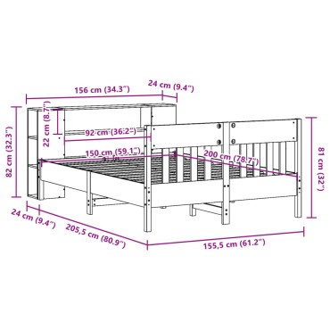 vidaXL Κρεβάτι Βιβλιοθήκη Χωρίς Στρώμα 150x200 εκ Μασίφ Ξύλο Πεύκου