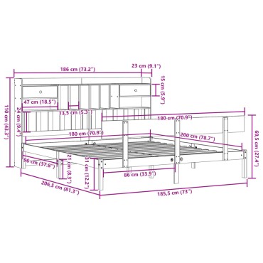 vidaXL Κρεβάτι Βιβλιοθήκη Χωρίς Στρώμα 180x200 εκ Μασίφ Ξύλο Πεύκου