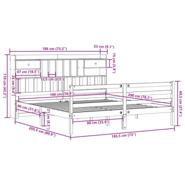 vidaXL Κρεβάτι Βιβλιοθήκη Χωρίς Στρώμα 180x200 εκ Μασίφ Ξύλο Πεύκου