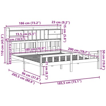 vidaXL Κρεβάτι Βιβλιοθήκη Χωρίς Στρώμα 180x200 εκ Μασίφ Ξύλο Πεύκου