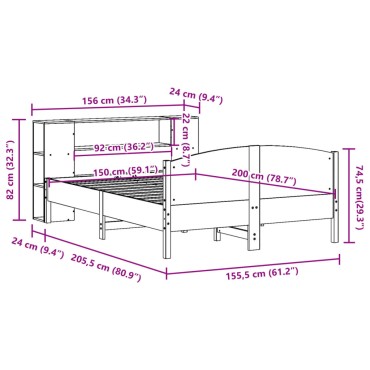 vidaXL Κρεβάτι Βιβλιοθήκη Χωρίς Στρώμα 150x200 εκ Μασίφ Ξύλο Πεύκου