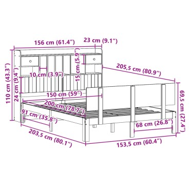vidaXL Κρεβάτι Βιβλιοθήκη Χωρίς Στρώμα 150x200 εκ Μασίφ Ξύλο Πεύκου