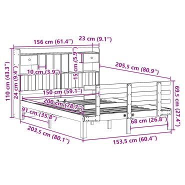 vidaXL Κρεβάτι Βιβλιοθήκη Χωρίς Στρώμα 150x200 εκ Μασίφ Ξύλο Πεύκου