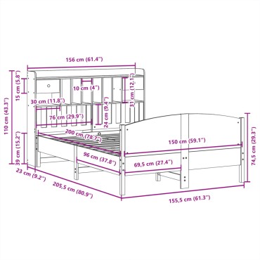 vidaXL Κρεβάτι Βιβλιοθήκη Χωρίς Στρώμα 150x200 εκ Μασίφ Ξύλο Πεύκου
