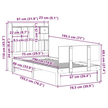 vidaXL Κρεβάτι Βιβλιοθήκη Χωρίς Στρώμα Λευκό 75x190 εκ Μασίφ Πεύκο