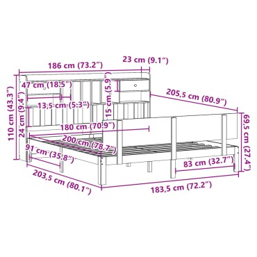 vidaXL Κρεβάτι Βιβλιοθήκη Χωρίς Στρώμα 180x200 εκ Μασίφ Ξύλο Πεύκου