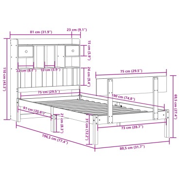 vidaXL Κρεβάτι Βιβλιοθήκη Χωρίς Στρώμα Λευκό 75x190 εκ Μασίφ Πεύκο