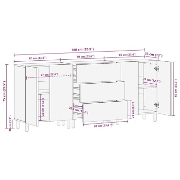 vidaXL Μπουφέδες 3 τεμ. από μασίφ ξύλο Μάνγκο 180x33x75cm