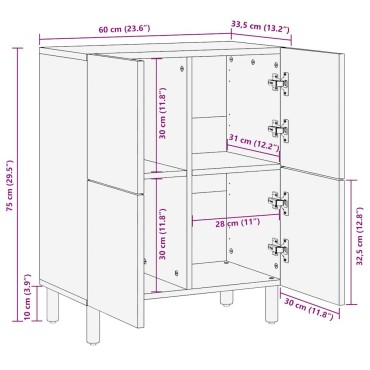 vidaXL Μπουφές 60x33,5x75cm από Μασίφ Ακατέργαστο Ξύλο Μάνγκο
