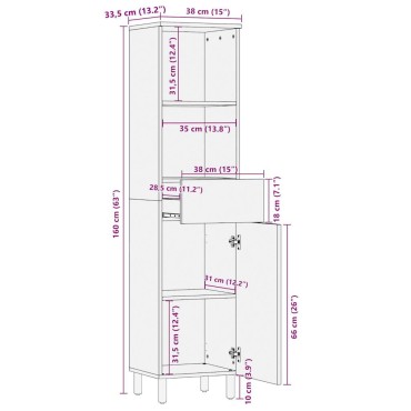 vidaXL Ντουλάπι Μπάνιου 38x33,5x160cm από Μασίφ Ξύλο Μάνγκο
