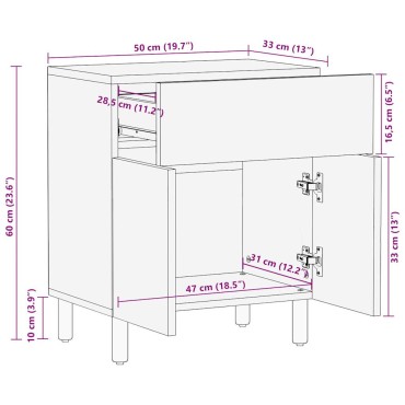 vidaXL Κρεβατοκάμαρα Μαύρο 50x33x60cm Στερεό ακατέργαστο ξύλο Mango 1 τεμ.