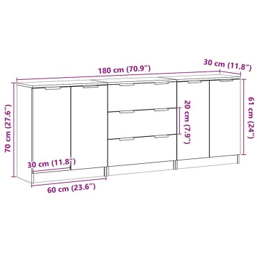 vidaXL Μπουφές 3 τεμ. Δρυς τεχνίτης 60x30x70cm Επεξεργασμένο ξύλο