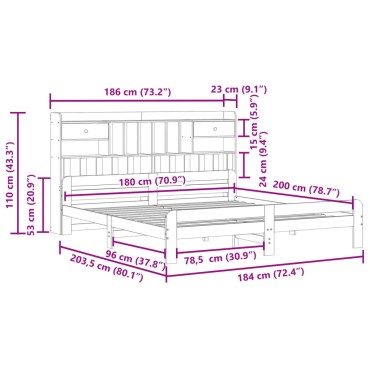 vidaXL Κρεβάτι Βιβλιοθήκη Χωρίς Στρώμα 180x200 εκ Μασίφ Ξύλο Πεύκου