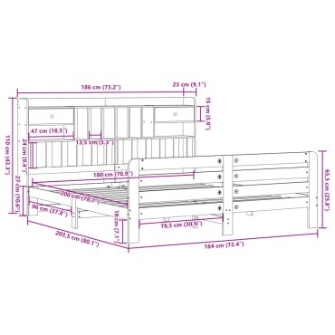 vidaXL Κρεβάτι Βιβλιοθήκη Χωρίς Στρώμα 180x200 εκ Μασίφ Ξύλο Πεύκου