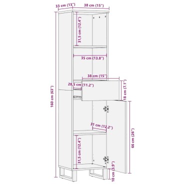 vidaXL Ντουλάπι Μπάνιου Μαύρο 38x33x160cm από Μασίφ Ξύλο Μάνγκο