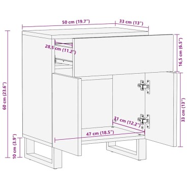 vidaXL Κομοδίνο Μαύρο 50x33x60cm από Μασίφ Ξύλο Μάνγκο 1 τεμ.
