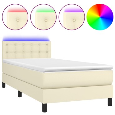 vidaXL Κρεβάτι Boxspring με Στρώμα & LED Κρεμ 100x200cm Συνθ. Δέρμα 1 τεμ. - Μονό