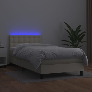 vidaXL Κρεβάτι Boxspring με Στρώμα & LED Κρεμ 100x200cm Συνθ. Δέρμα 1 τεμ. - Μονό