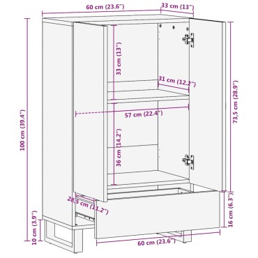 vidaXL Ντουλάπι Μαύρο 60x33x110cm από Μασίφ Ξύλο Μάνγκο 1 τεμ.