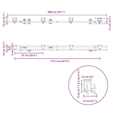 vidaXL Μηχανισμός Συρόμενης Μεσόπορτας Ασημί 200 εκ. Ανοξείδωτο Ατσάλι