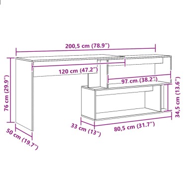 vidaXL Γραφείο Γωνιακό Τεχνίτης Δρυς 200,5x50x76cm Επεξεργασμένο Ξύλο 1 τεμ.