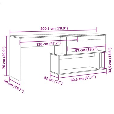 vidaXL Γραφείο Γωνιακό Τεχνίτης Δρυς 200,5x50x76cm Επεξεργασμένο Ξύλο 1 τεμ.