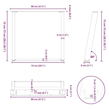 vidaXL Πόδια Τραπεζαρίας σε Σχήμα U 2 τεμ. Μαύρο 80x(72-73)cm Ατσάλι