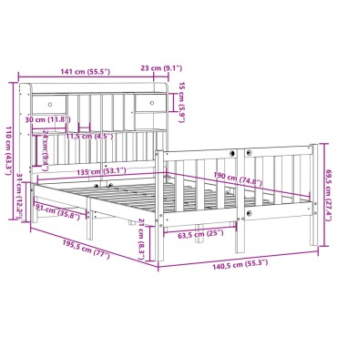vidaXL Κρεβάτι Βιβλιοθήκη Χωρίς Στρώμα Λευκό 135x190 εκ Μασίφ Πεύκο