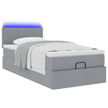 vidaXL Οθωμανικό κρεβάτι με στρώμα & LEDs Ανοιχτό γκρι 90x200cm Ύφασμα