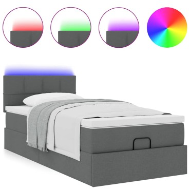 vidaXL Οθωμανικό κρεβάτι με στρώμα & LEDs Σκούρο γκρι 90x200 cm Ύφασμα