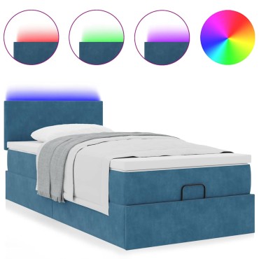 vidaXL Οθωμανικό κρεβάτι με στρώμα & LEDs Σκούρο μπλε 80x200cm Βελούδο