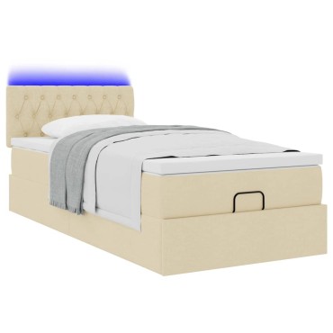 vidaXL Οθωμανικό κρεβάτι με στρώμα & LEDs Cream 90x200 cm Ύφασμα