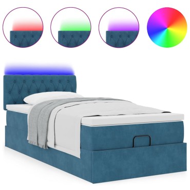 vidaXL Οθωμανικό κρεβάτι με στρώμα & LEDs Σκούρο μπλε 80x200cm Βελούδο