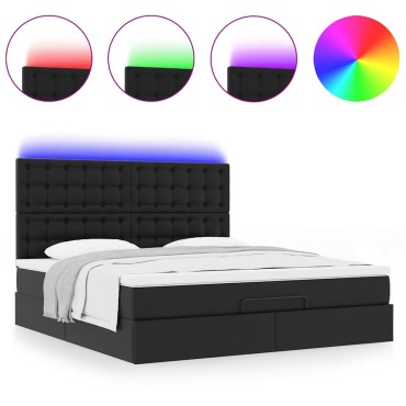 vidaXL Οθωμανικό κρεβάτι με στρώμα & LEDs Μαύρο 180x200cm Faux Leather