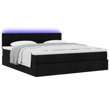 vidaXL Οθωμανικό κρεβάτι με στρώμα & LEDs Μαύρο ύφασμα 180x200cm
