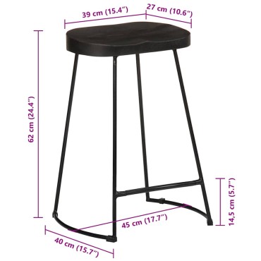 vidaXL Σκαμπό Μπαρ 2 τεμ. Μαύρα 45x40x62cm από Μασίφ Ξύλο Μάνγκο