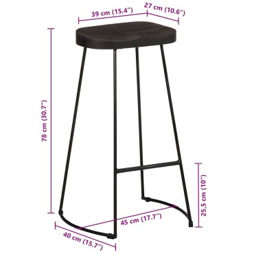 vidaXL Σκαμπό Μπαρ 2 τεμ. Μαύρα 45x40x78cm από Μασίφ Ξύλο Μάνγκο