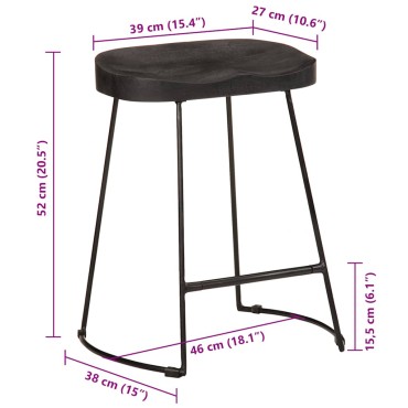 vidaXL Σκαμπό Μπαρ 2 τεμ. Μαύρα 46x38x52cm από Μασίφ Ξύλο Μάνγκο