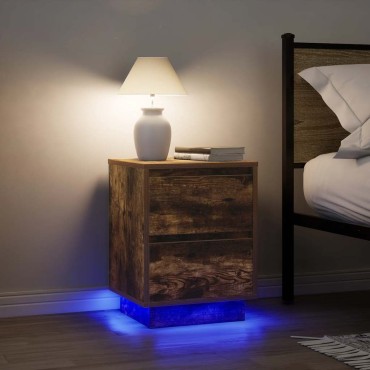 vidaXL Κομοδίνο με φώτα LED Καπνιστή βελανιδιά 38x34x50cm 1 τεμ.