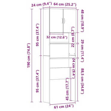 vidaXL Ντουλάπι Πλυντηρίου Χρώμα Sonoma Δρυς 64x24x190 εκ Επεξ. Ξύλο