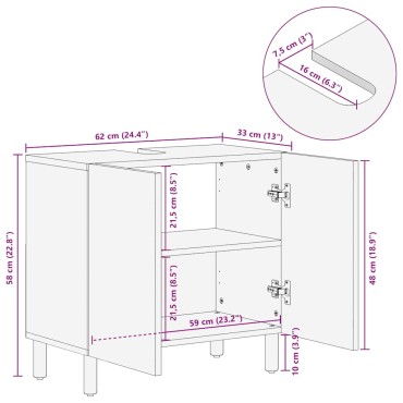 vidaXL ντουλάπι νιπτήρα μπάνιου καφέ 62x33x58cm μασίφ ξύλο Mango