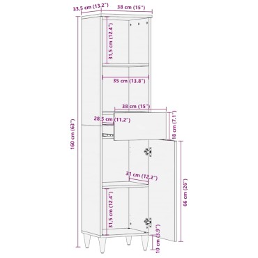 vidaXL Ντουλάπι Μπάνιου 38x33,5x160cm από Μασίφ Ξύλο Μάνγκο