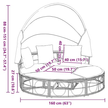 vidaXL Εξωτερική Lounge κρεβάτι με θόλο και μαξιλάρια Poly Rattan 160x151 cm
