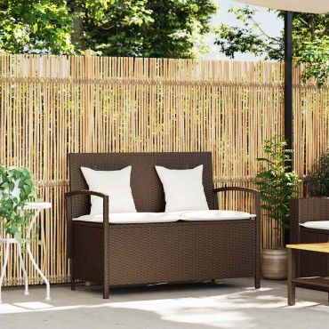 vidaXL Πάγκος αποθήκευσης κήπου με μαξιλάρι Brown Poly Rattan 111x56x87 cm