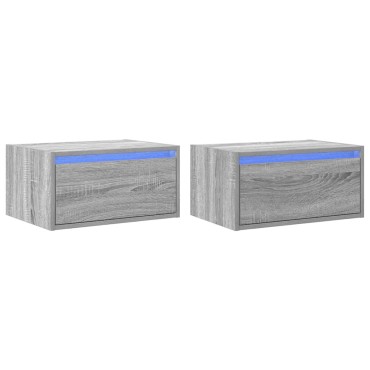 vidaXL Κομοδίνα Επιτοίχια με Φώτα LED 2 τεμ. Γκρι Sonoma 51x35,5x25 cm