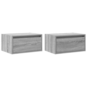 vidaXL Κομοδίνα Επιτοίχια με Φώτα LED 2 τεμ. Γκρι Sonoma 51x35,5x25 cm