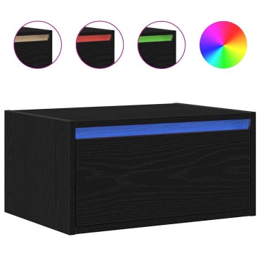 vidaXL Κομοδίνο Επιτοίχιο με Φώτα LED Μαύρο Δρυς 51x35,5x25 cm
